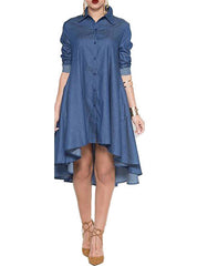 Casual Button Front Denim High Low Mini Dress