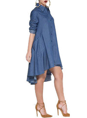 Casual Button Front Denim High Low Mini Dress