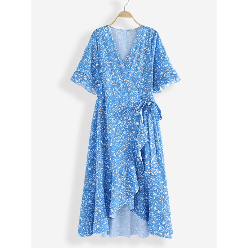 Causal V-neck Short Sleeve Bandage Floral Dress