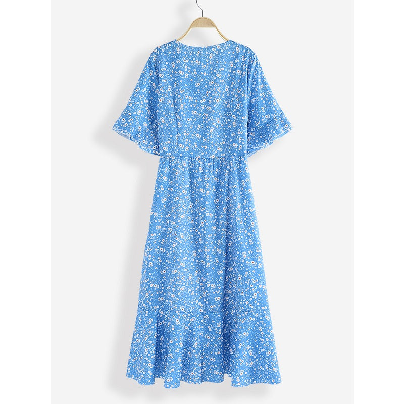 Causal V-neck Short Sleeve Bandage Floral Dress