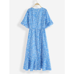 Causal V-neck Short Sleeve Bandage Floral Dress
