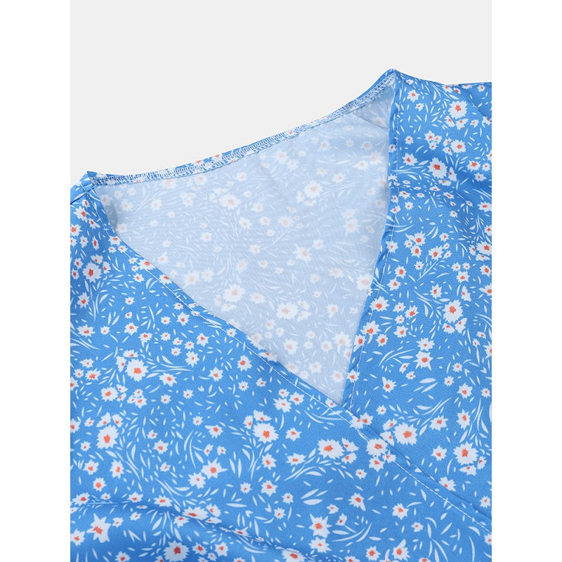 Causal V-neck Short Sleeve Bandage Floral Dress
