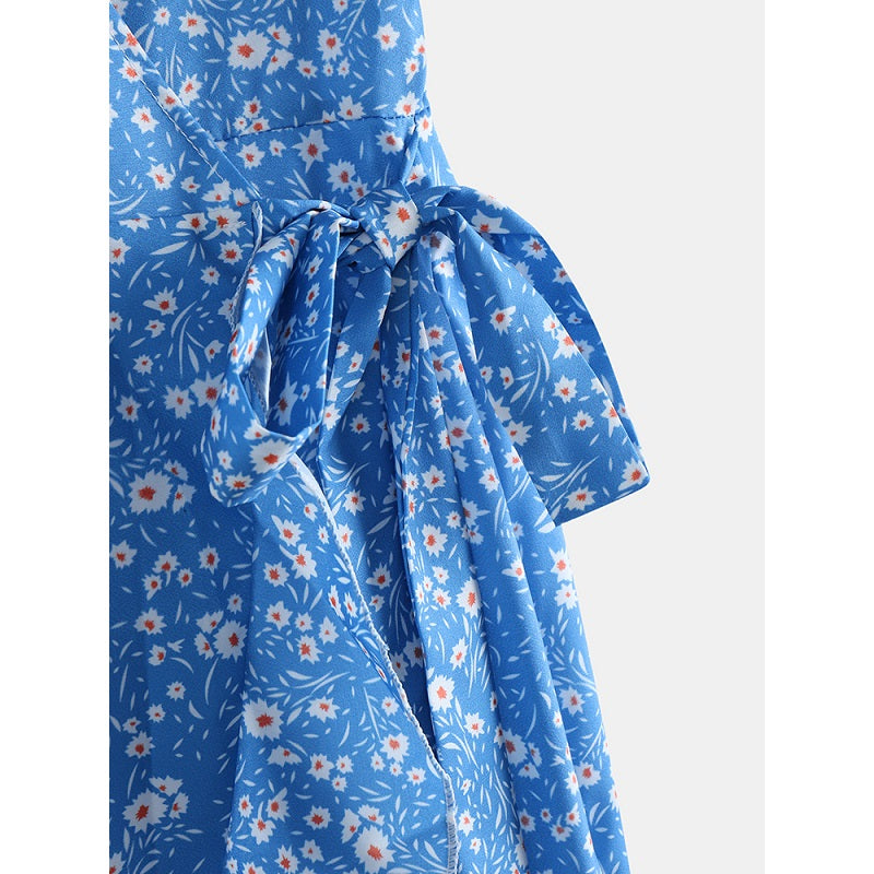 Causal V-neck Short Sleeve Bandage Floral Dress
