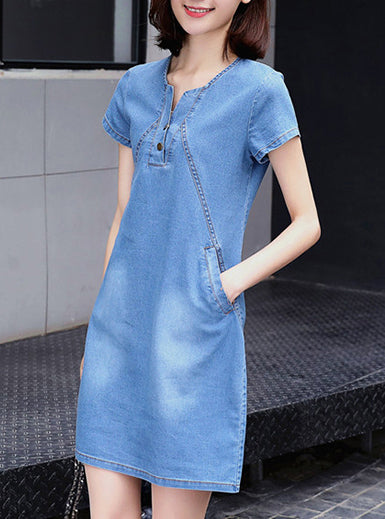 Distressed Denim Shell Short Sleeve Mini Dress