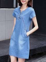 Distressed Denim Shell Short Sleeve Mini Dress