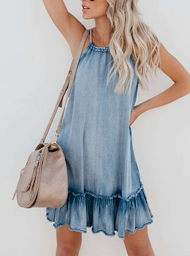 Casual Faded Drawstring Style Halter A Cut Denim Mini Dress