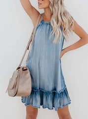 Casual Faded Drawstring Style Halter A Cut Denim Mini Dress