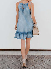 Casual Faded Drawstring Style Halter A Cut Denim Mini Dress