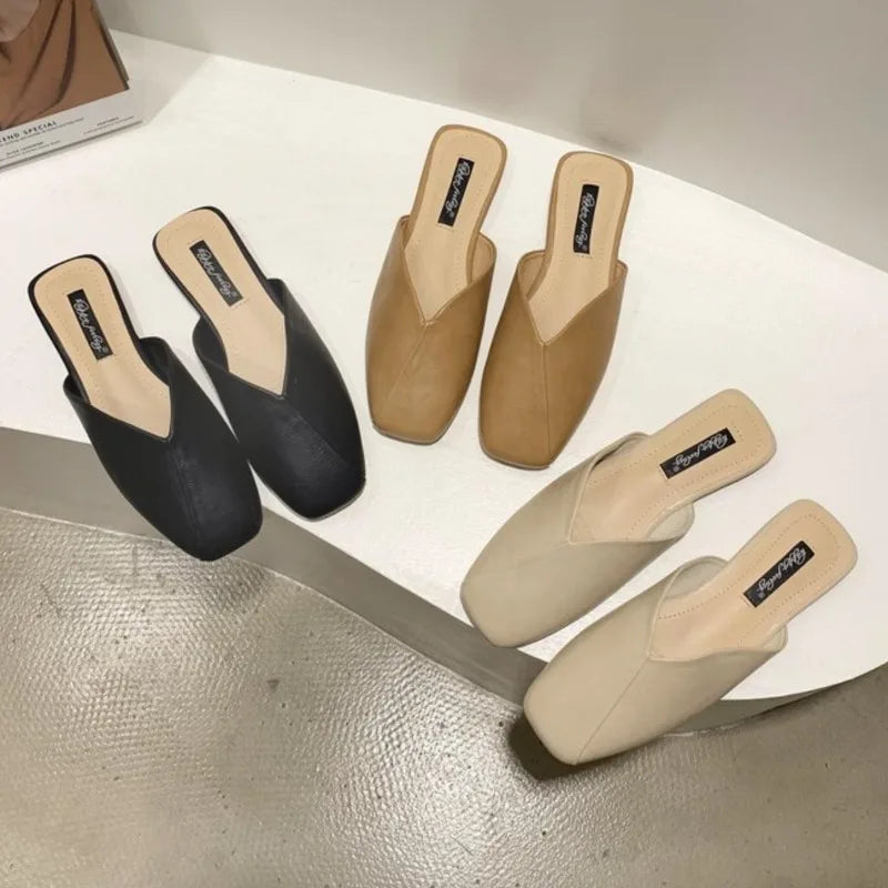 Flats Slippers Mules Elegant Square Closed Toe Flat Slippers Female Shoes