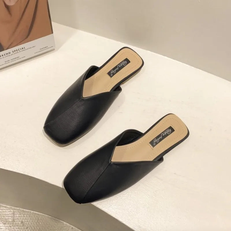 Flats Slippers Mules Elegant Square Closed Toe Flat Slippers Female Shoes