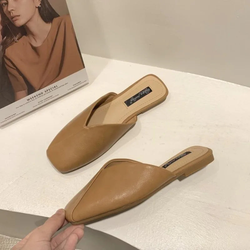 Flats Slippers Mules Elegant Square Closed Toe Flat Slippers Female Shoes