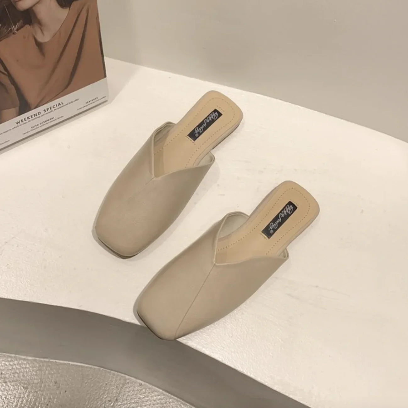 Flats Slippers Mules Elegant Square Closed Toe Flat Slippers Female Shoes