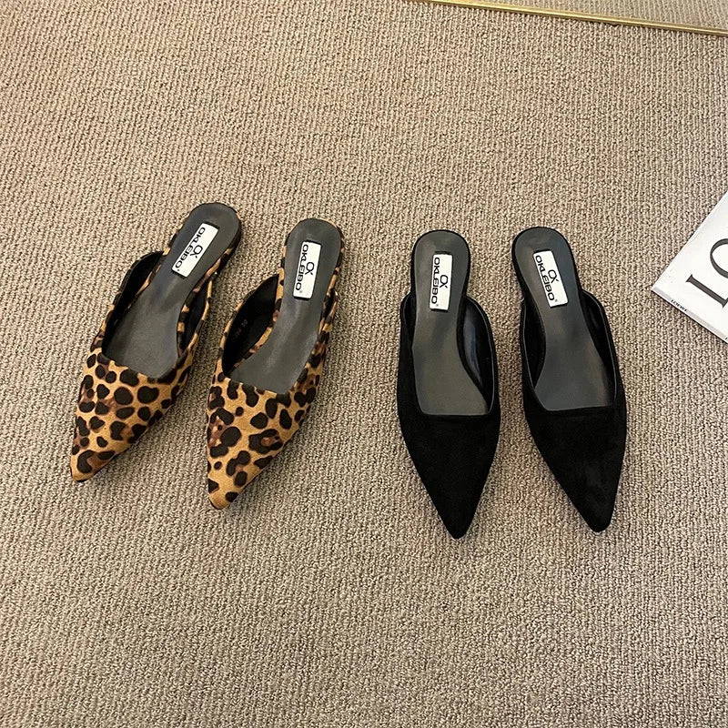 Slippers Pointed Toe Leopard Design Shallow Slip on Thin Low Heel