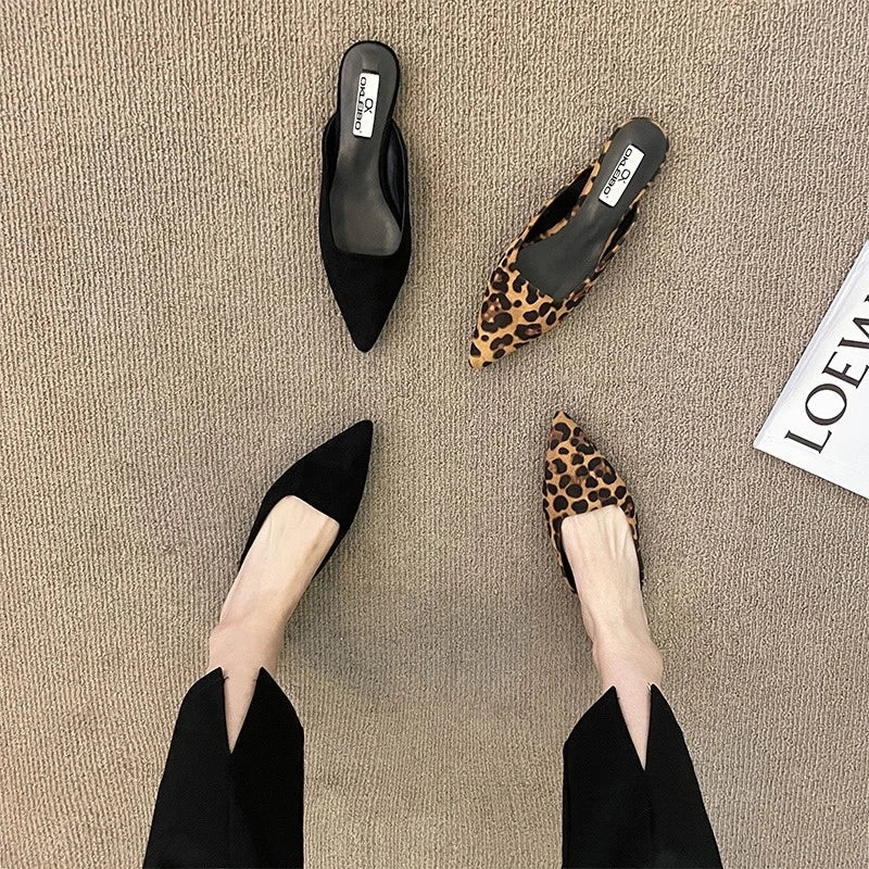 Slippers Pointed Toe Leopard Design Shallow Slip on Thin Low Heel