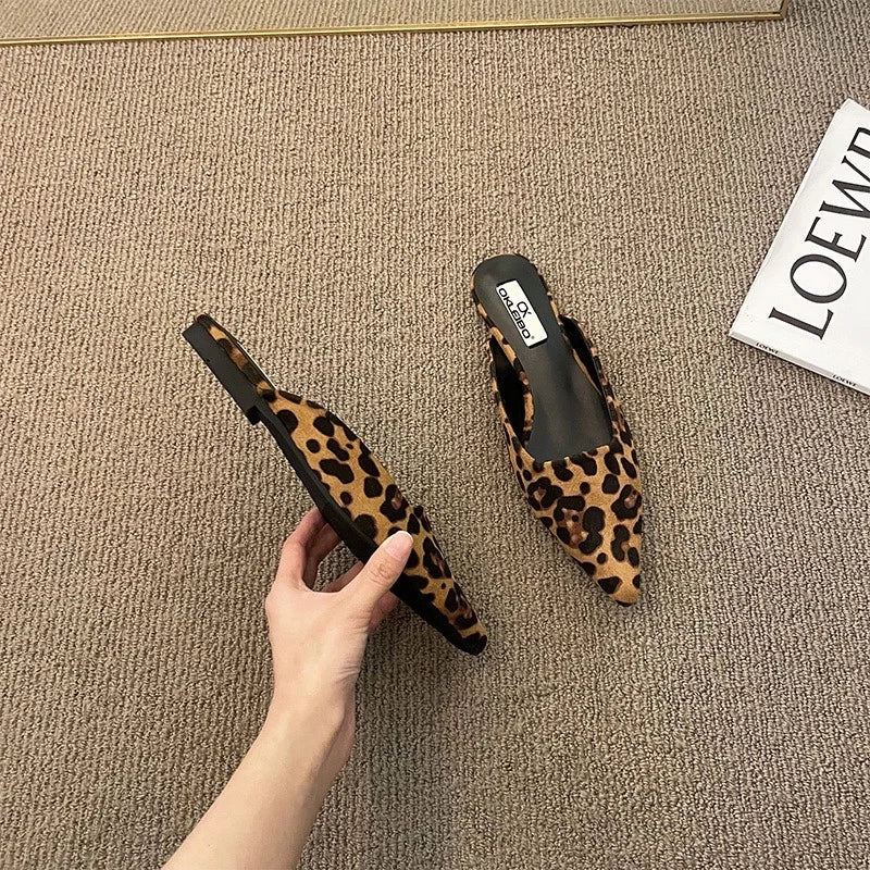 Slippers Pointed Toe Leopard Design Shallow Slip on Thin Low Heel