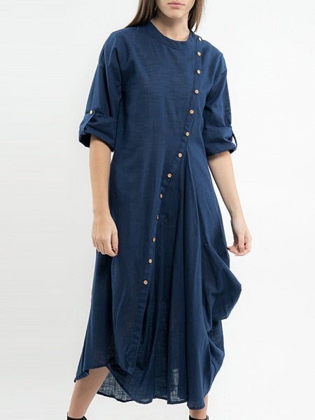 Women Solid Color Side Button Irregular Dress