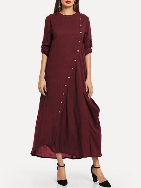 Women Solid Color Side Button Irregular Dress