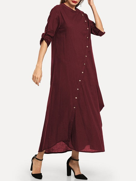 Women Solid Color Side Button Irregular Dress