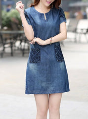 Elegant Short Sleeve V-Neck Denim Mini Dress