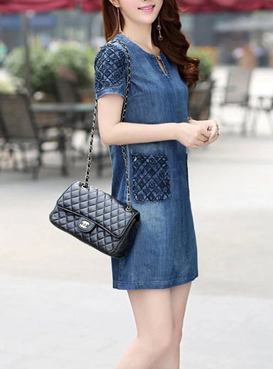 Elegant Short Sleeve V-Neck Denim Mini Dress