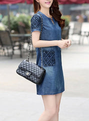 Elegant Short Sleeve V-Neck Denim Mini Dress