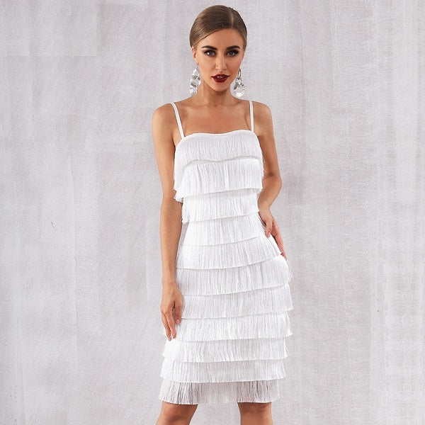 Elegant Spaghetti Strap Natural Waist Tassel Club Party Dress