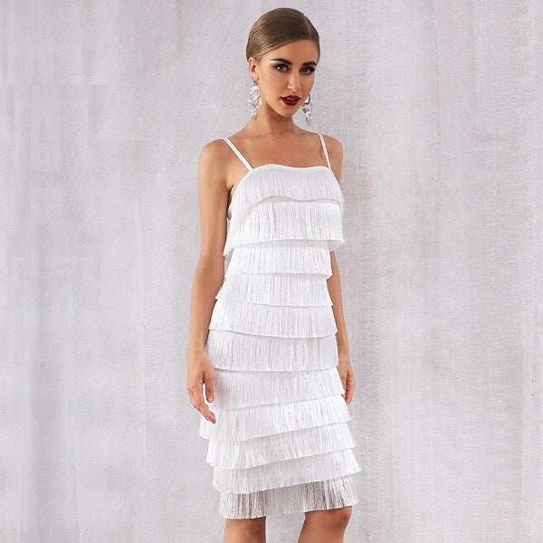 Elegant Spaghetti Strap Natural Waist Tassel Club Party Dress