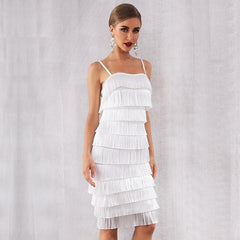 Elegant Spaghetti Strap Natural Waist Tassel Club Party Dress