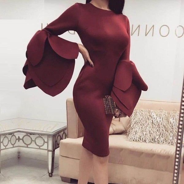 Casual Ruffles O-Neck Petal Full Sleeve Vestidos Bodycon Mini Dress