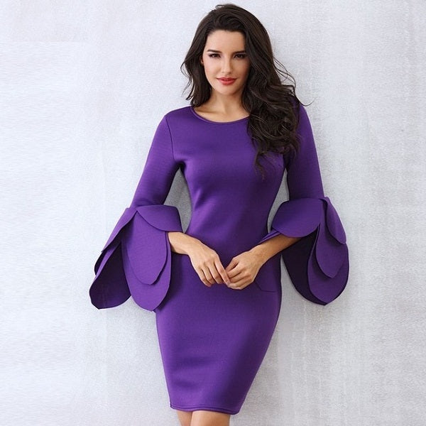 Casual Ruffles O-Neck Petal Full Sleeve Vestidos Bodycon Mini Dress