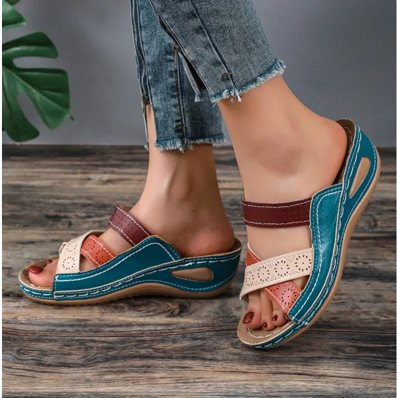 Wedges Slippers Orthopedic Open Toe Sandals Vintage Leather Casual Female Platform Slippers Slides Sandals 43