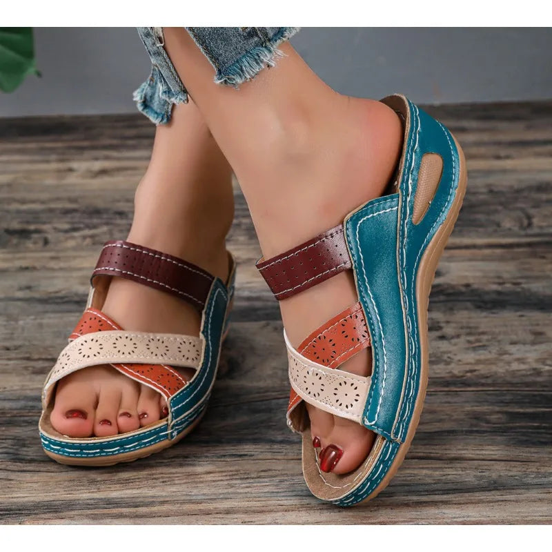 Wedges Slippers Orthopedic Open Toe Sandals Vintage Leather Casual Female Platform Slippers Slides Sandals 43