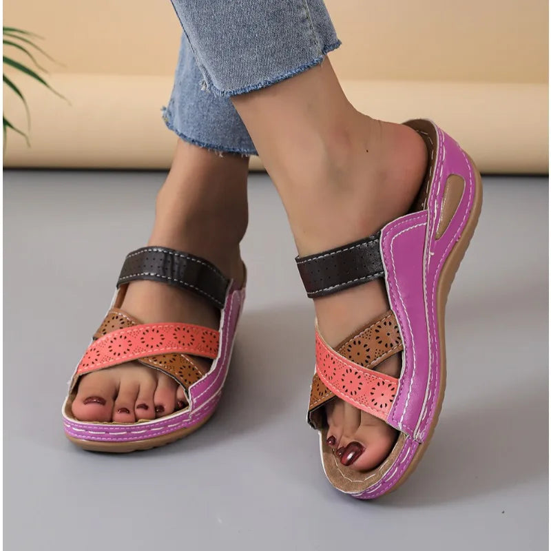 Wedges Slippers Orthopedic Open Toe Sandals Vintage Leather Casual Female Platform Slippers Slides Sandals 43