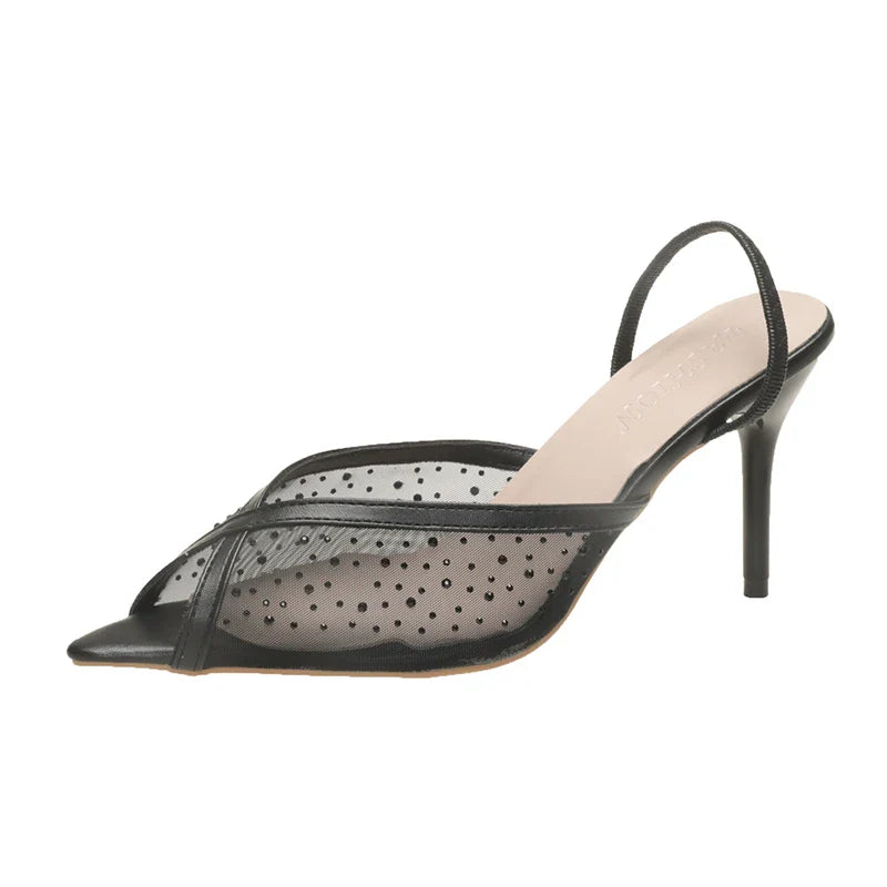 Rhinestone Sparkling Lace Pointed Toe Strappy High Heel