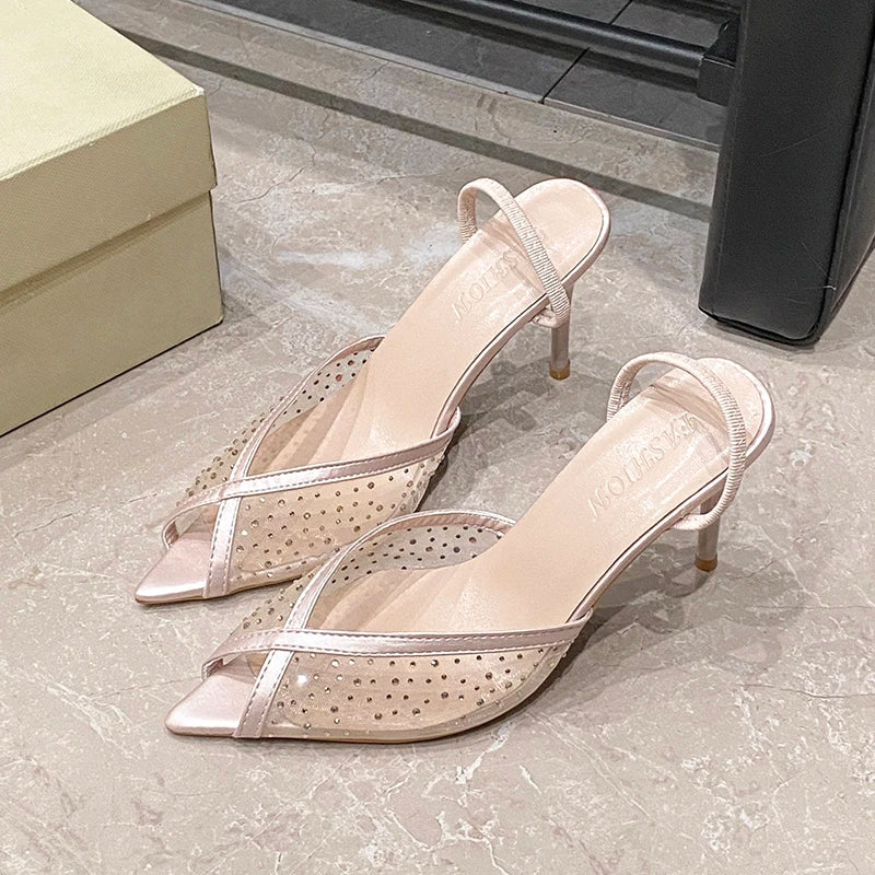 Rhinestone Sparkling Lace Pointed Toe Strappy High Heel