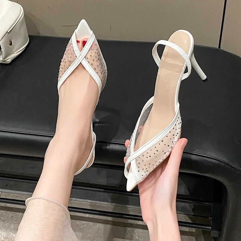 Rhinestone Sparkling Lace Pointed Toe Strappy High Heel