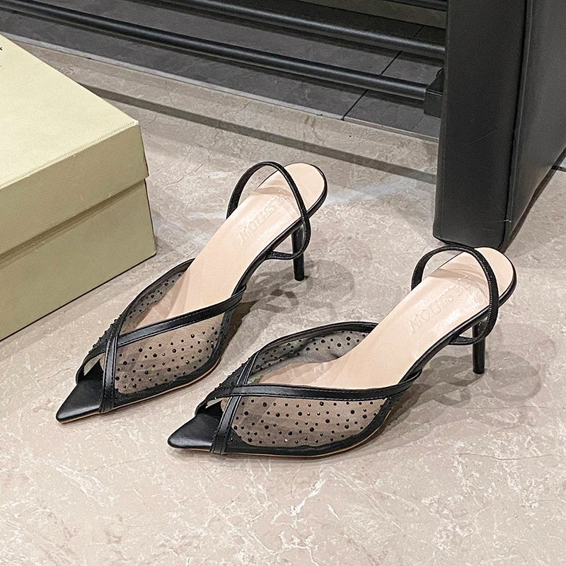 Rhinestone Sparkling Lace Pointed Toe Strappy High Heel