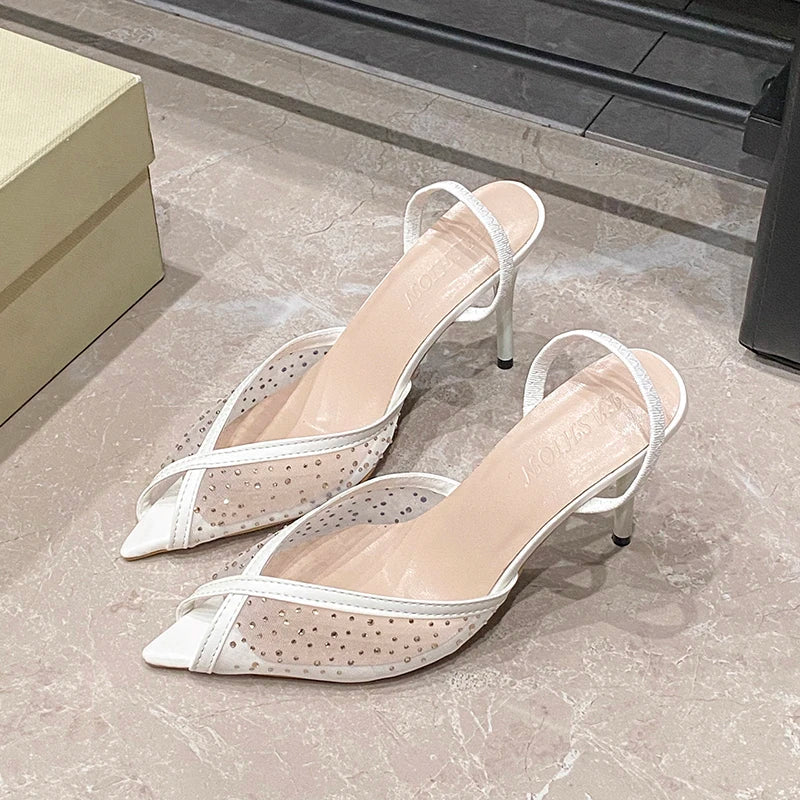 Rhinestone Sparkling Lace Pointed Toe Strappy High Heel
