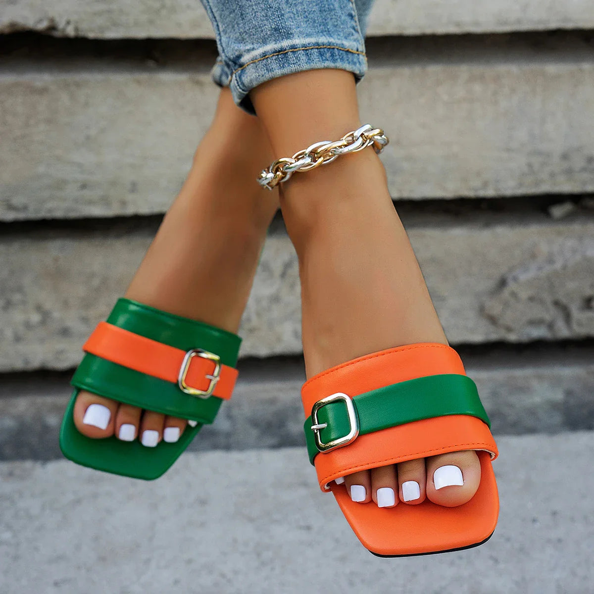 Flat Slippers Leather Square Toe Flats Flip Flops Designer Ladies Slides Sandals Shoes