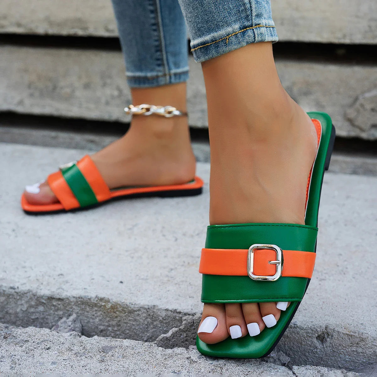 Flat Slippers Leather Square Toe Flats Flip Flops Designer Ladies Slides Sandals Shoes
