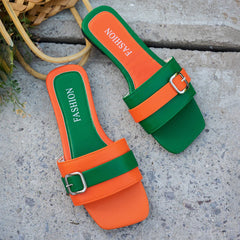 Flat Slippers Leather Square Toe Flats Flip Flops Designer Ladies Slides Sandals Shoes