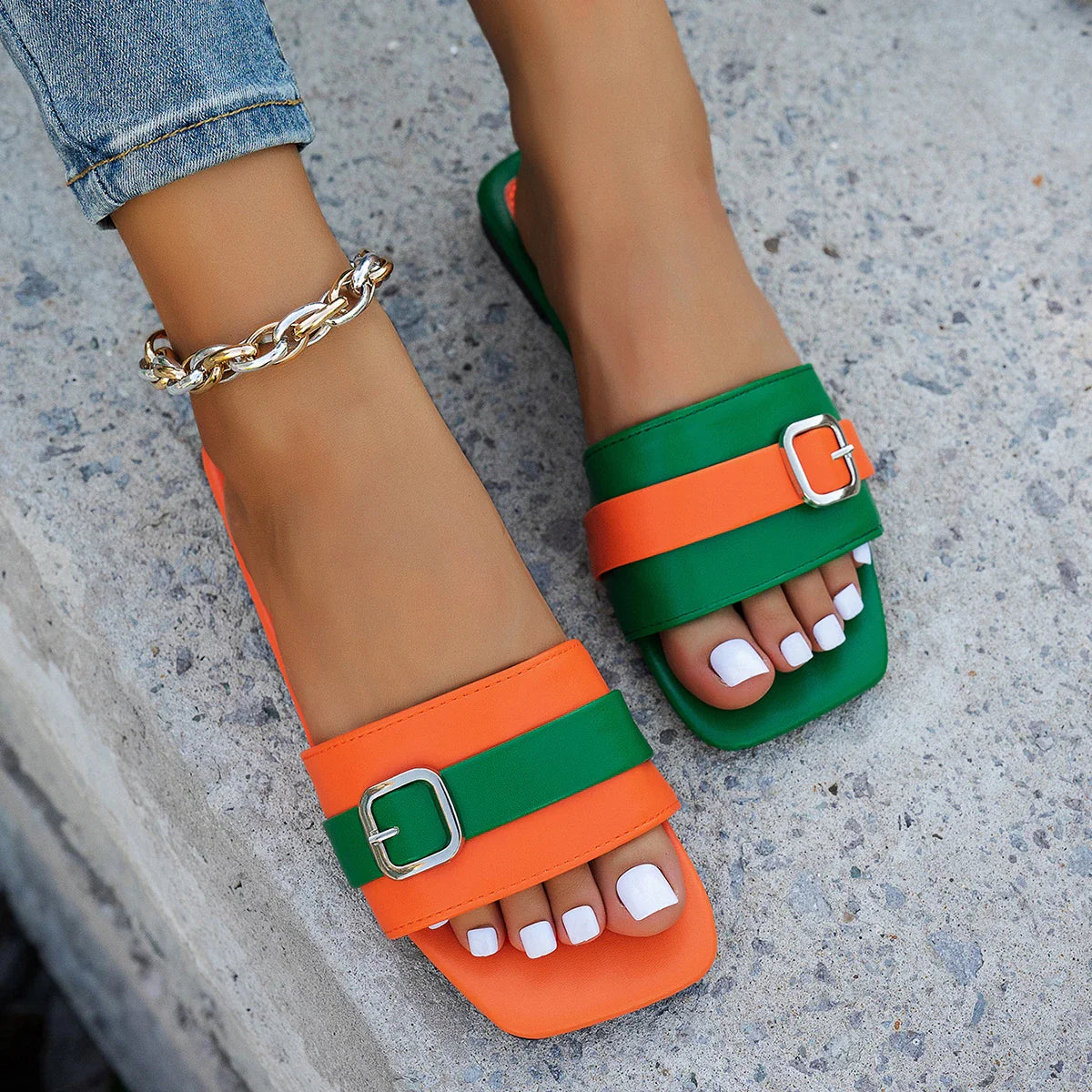 Flat Slippers Leather Square Toe Flats Flip Flops Designer Ladies Slides Sandals Shoes