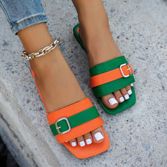 Flat Slippers Leather Square Toe Flats Flip Flops Designer Ladies Slides Sandals Shoes