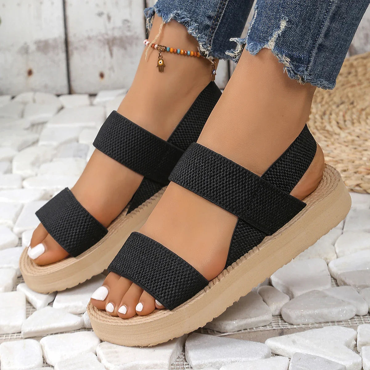 Minimalist Wedge Sandals Open Toe Thick Soled Platform Casual Sandals Ankle Strap Slingback Sandals Solid Color