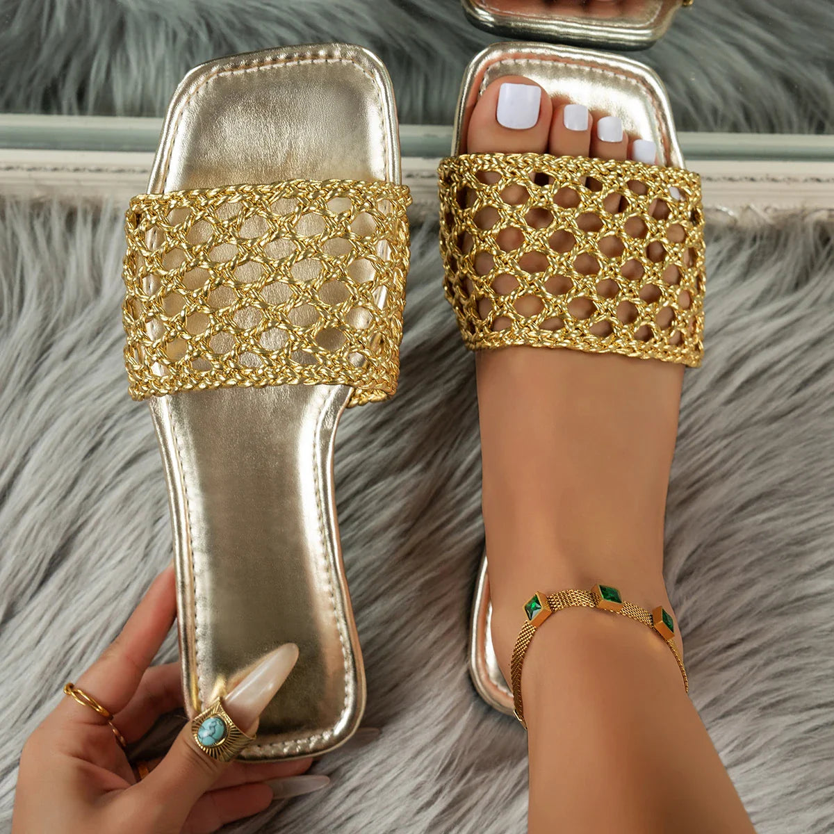 Square Head Open Toe Design Slippers Casual Flat Leather Beach Flip-flops Sandals