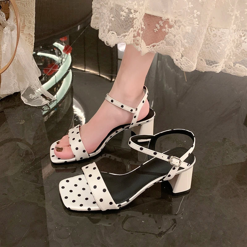 Womens Polka Dot Square Toe Block Heel