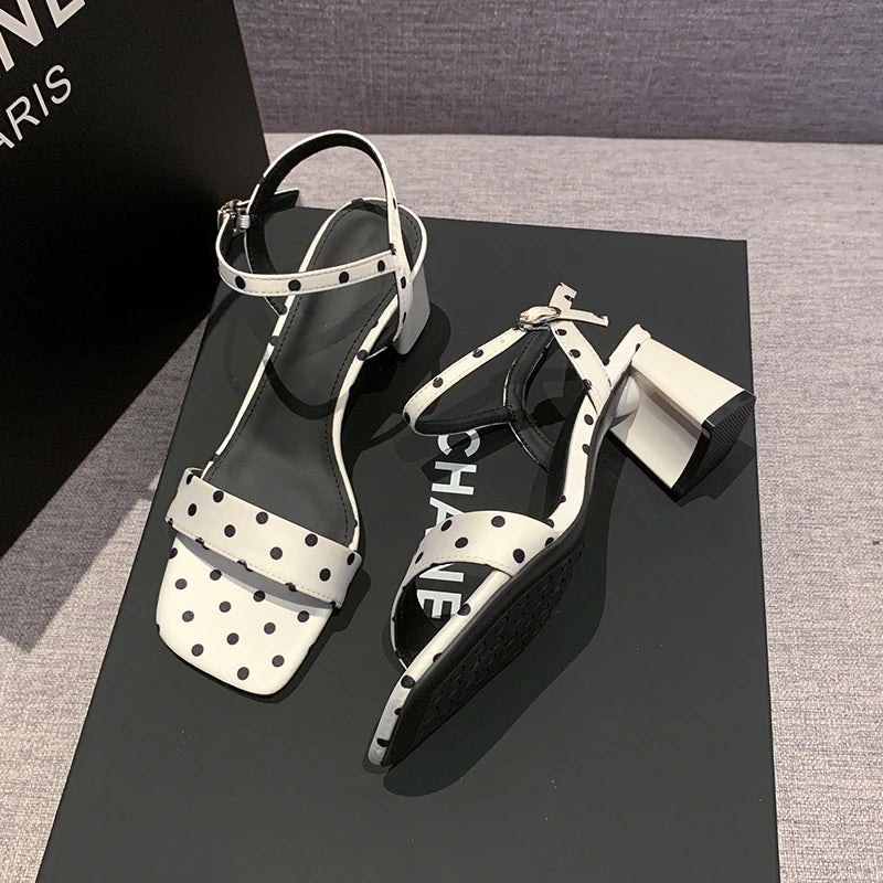 Womens Polka Dot Square Toe Block Heel