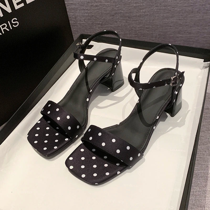 Womens Polka Dot Square Toe Block Heel