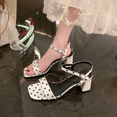 Womens Polka Dot Square Toe Block Heel