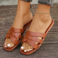 Womens Slide Sandals Casual Flat Square Open Toe  Perfect Ladies' Casual Versatile Outdoor Wear Flat Slippers Wearing Outside